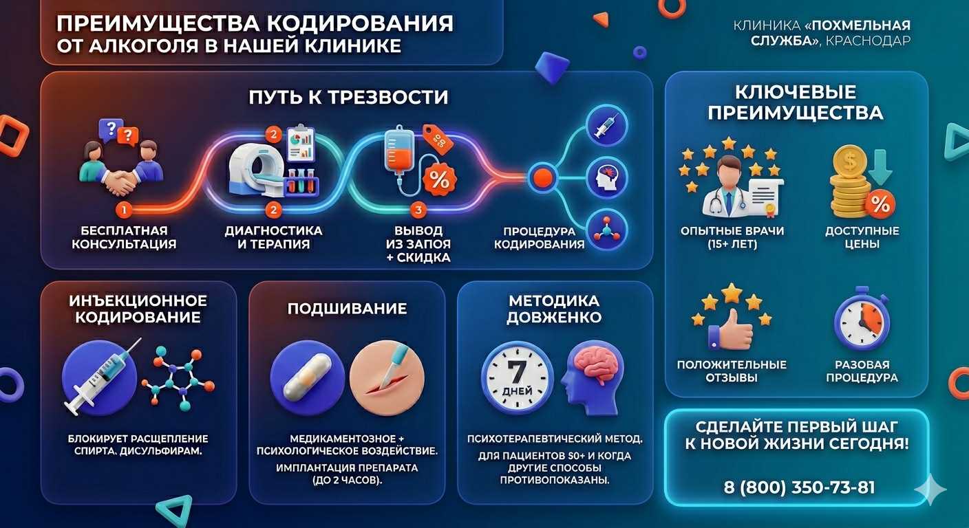 Инфографика о методах кодирования от алкоголя в Нарьян-Маре: инъекции, подшивание, метод Довженко. Преимущества клиники и этапы лечения.