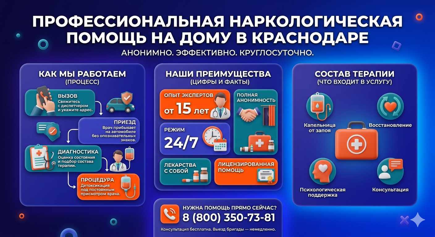 Инфографика о принципах лечения алкоголизма на дому в Нарьян-Маре: этапы вызова нарколога, преимущества анонимной детоксикации и состав медицинской помощи.